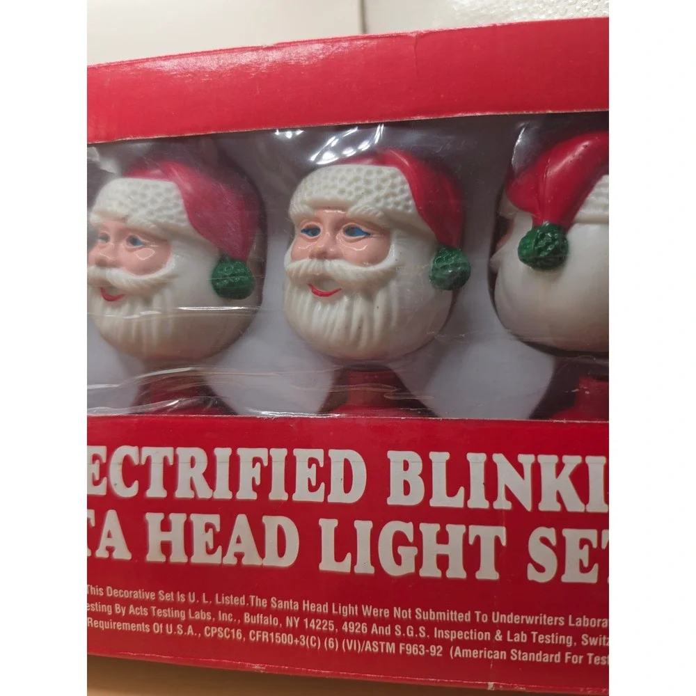 Vintage 10 Electrified Blinking Santa Head Light Set Christmas Decor untested